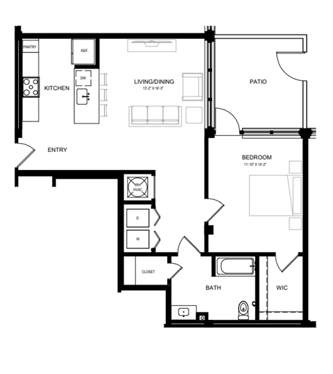Floor plan for 1 bed, 1 bath, 894 sqft